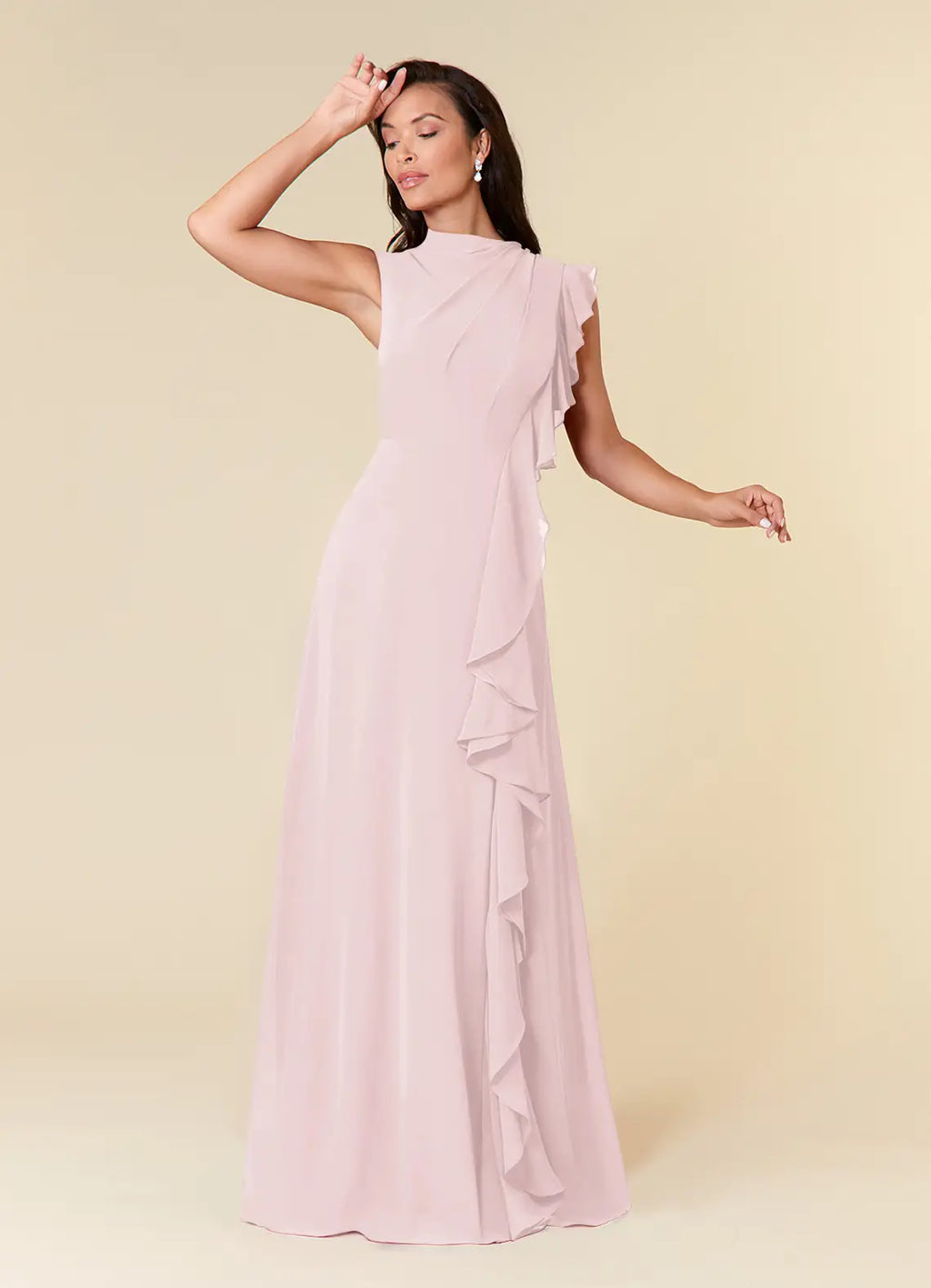 Pink Blushing A-Line High Neckline Pleated Mother of the Bride Dresses One - Shoulder Ruffled Detailing Floor Length Skirt