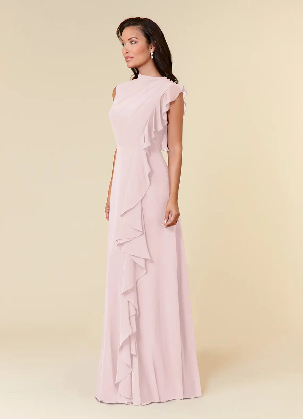 Pink Blushing A-Line High Neckline Pleated Mother of the Bride Dresses One - Shoulder Ruffled Detailing Floor Length Skirt