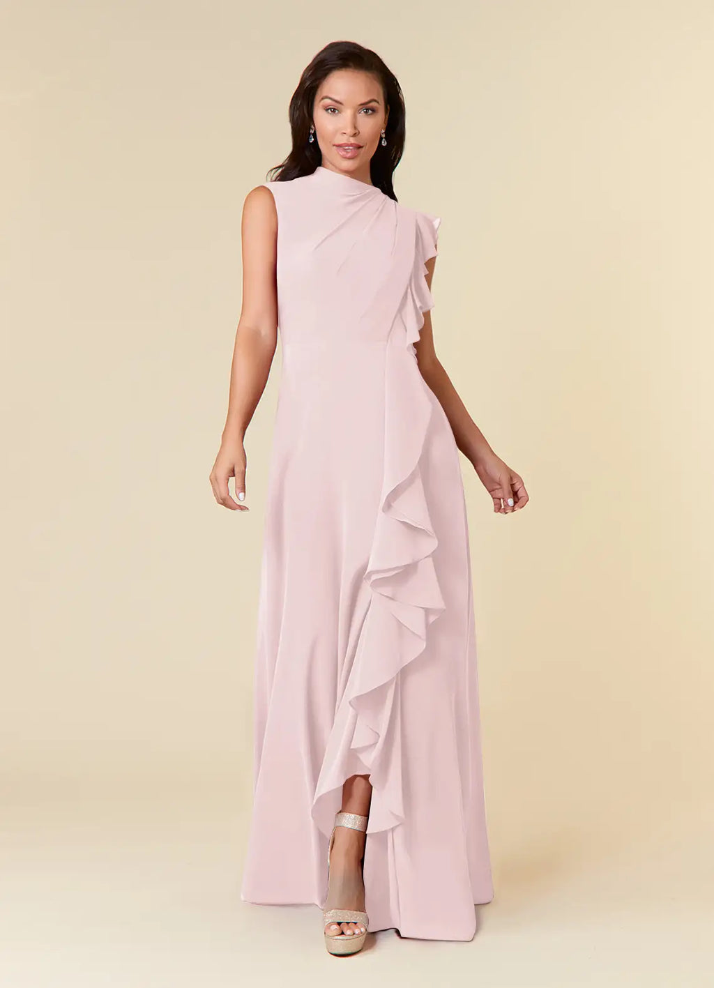 Pink Blushing A-Line High Neckline Pleated Mother of the Bride Dresses One - Shoulder Ruffled Detailing Floor Length Skirt
