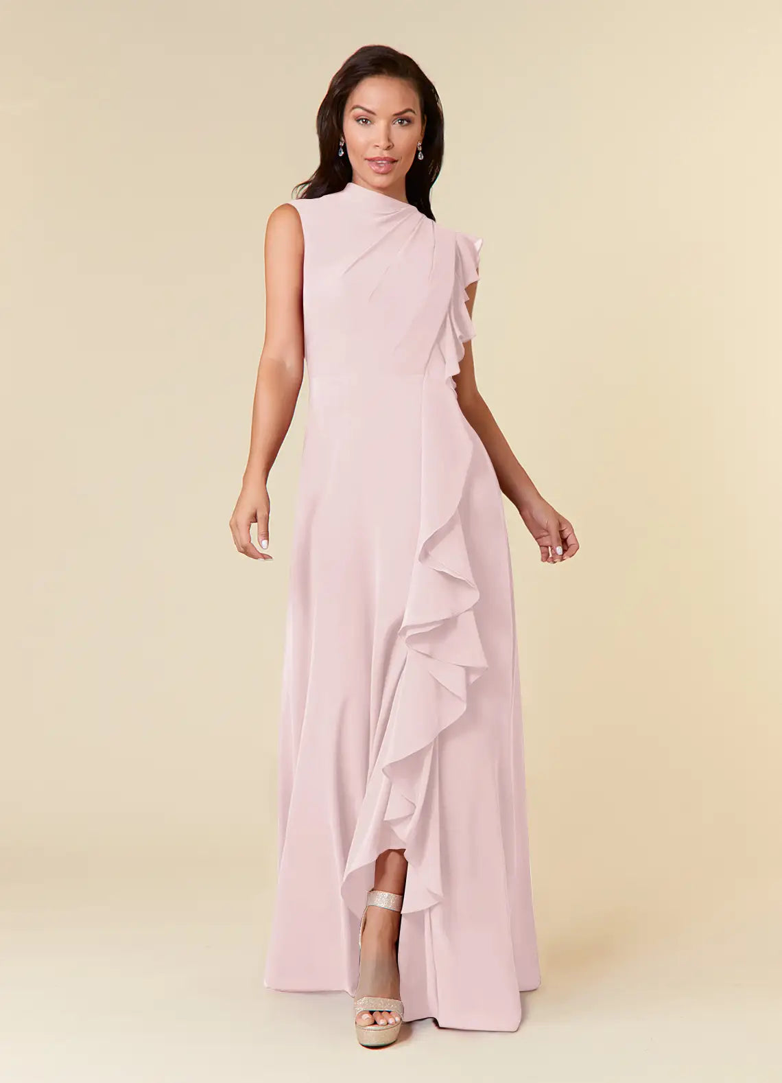 Pink Blushing A-Line High Neckline Pleated Mother of the Bride Dresses One - Shoulder Ruffled Detailing Floor Length Skirt