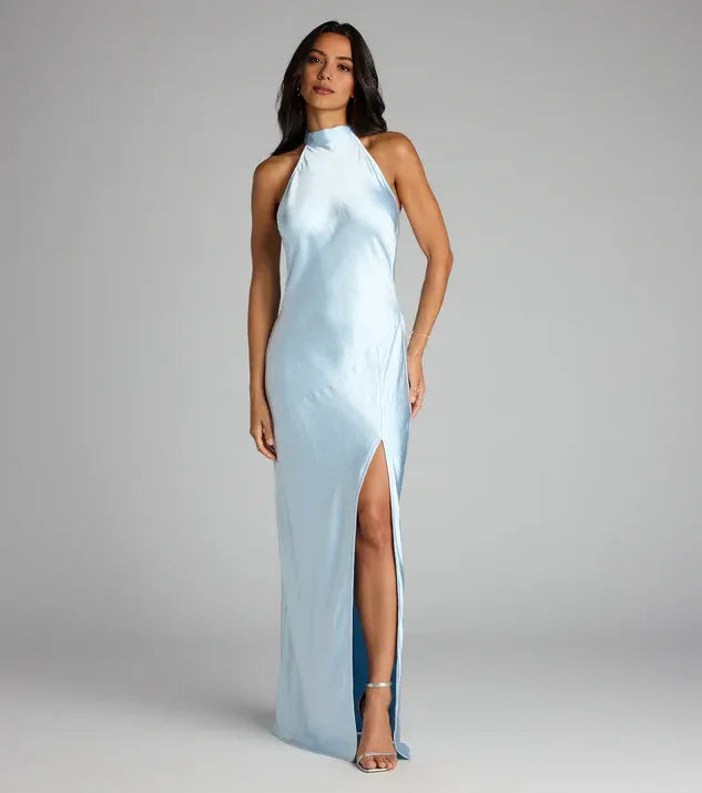 Timeless Chic Elegant Light Blue Satin Bodycon Halter Sleeveless Floor-Length Prom Dress