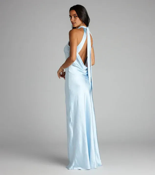 Timeless Chic Elegant Light Blue Satin Bodycon Halter Sleeveless Floor-Length Prom Dress