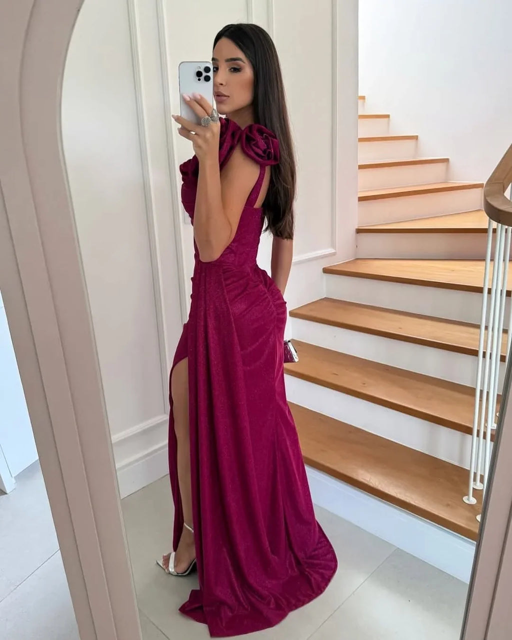 Burgundy Bodycon One-Shoulder Floral Maxi Evening Dress