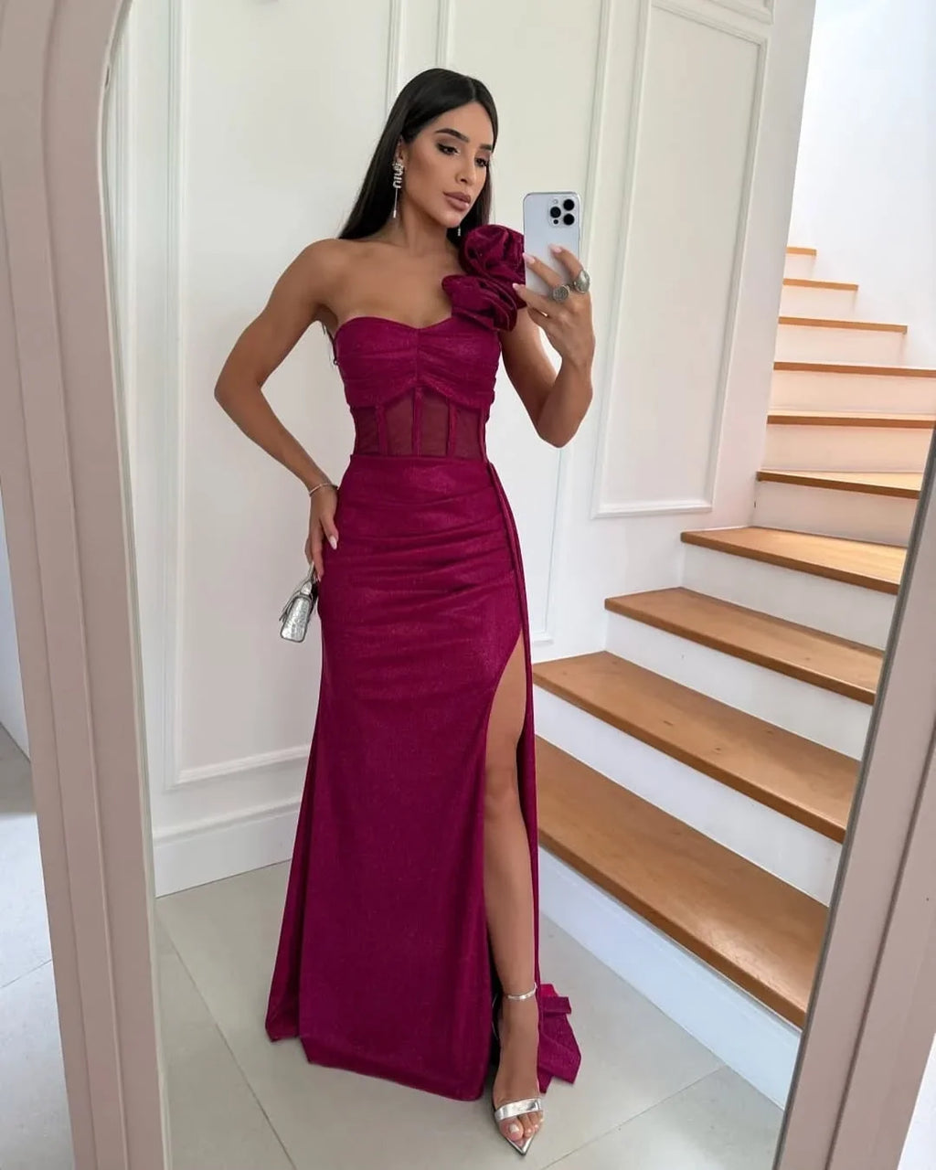 Burgundy Bodycon One-Shoulder Floral Maxi Evening Dress