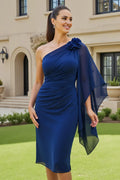 Graceful Elegant Navy Blue Chiffon Bodycon Tea-Length Mother of the Bride Dress