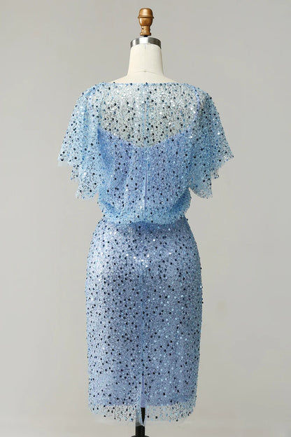 Graceful Elegant Light Blue Sequin Bodycon Knee-Length Mother of the Bride Dress