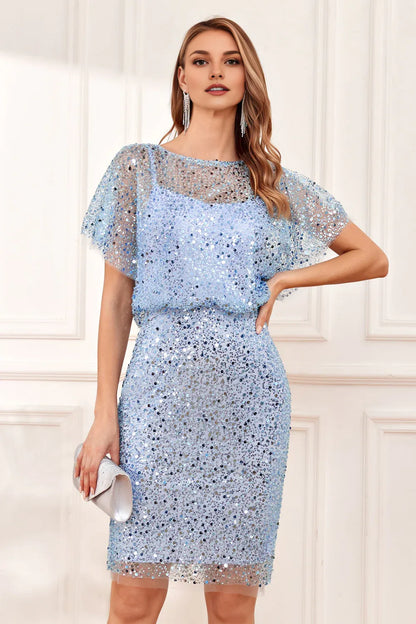 Graceful Elegant Light Blue Sequin Bodycon Knee-Length Mother of the Bride Dress
