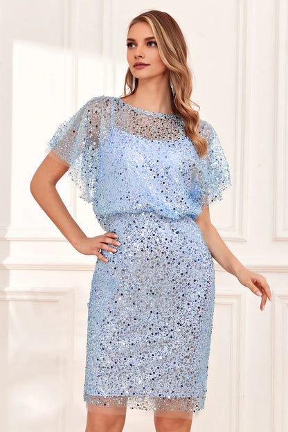 Graceful Elegant Light Blue Sequin Bodycon Knee-Length Mother of the Bride Dress