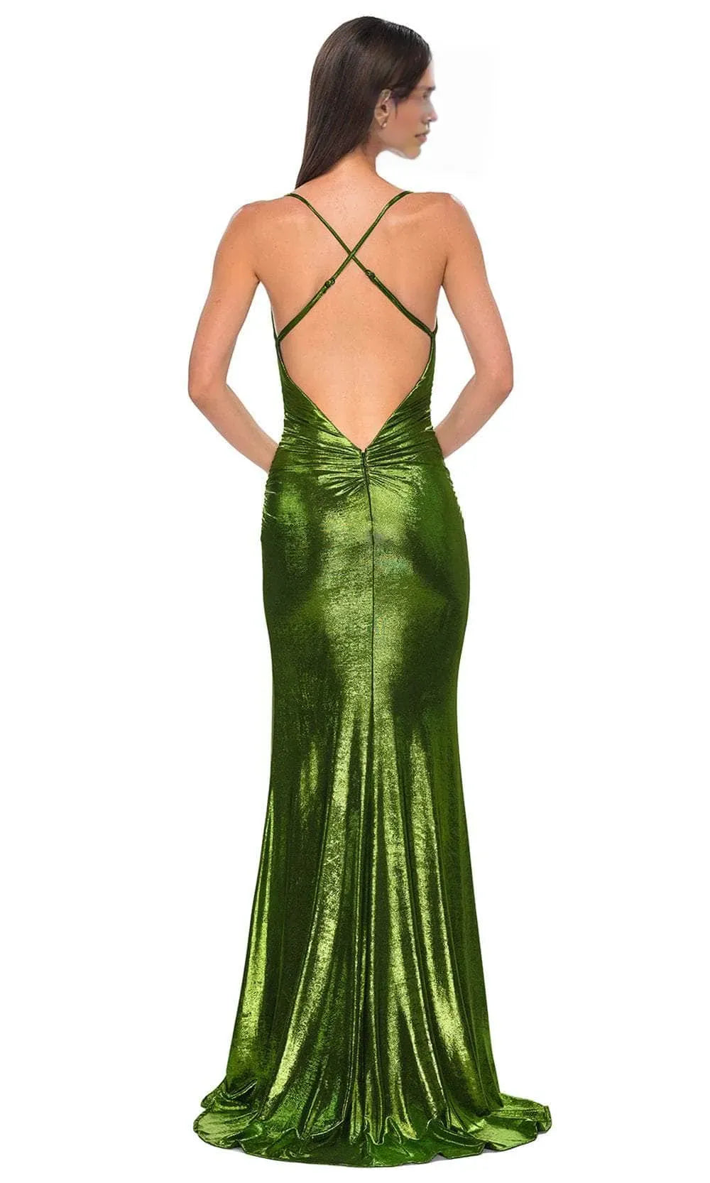 Bronze Metallic Cowl Neck Spaghetti Strap Prom Dress with High Side Slit Perfect for Formal Evening Events Galas