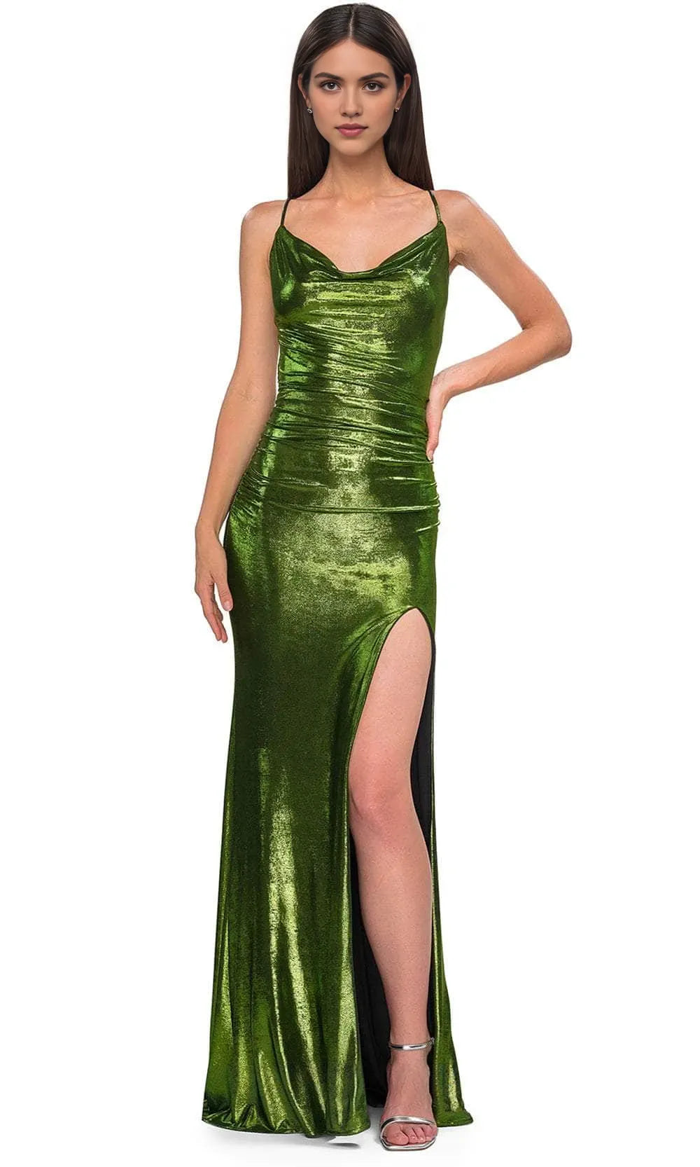 Bronze Metallic Cowl Neck Spaghetti Strap Prom Dress with High Side Slit Perfect for Formal Evening Events Galas