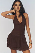 Brown Homecoming Dresses with Ruched Bodice and Tiered Skirt Ideal for Sophisticated Back - to School Social Gatherings