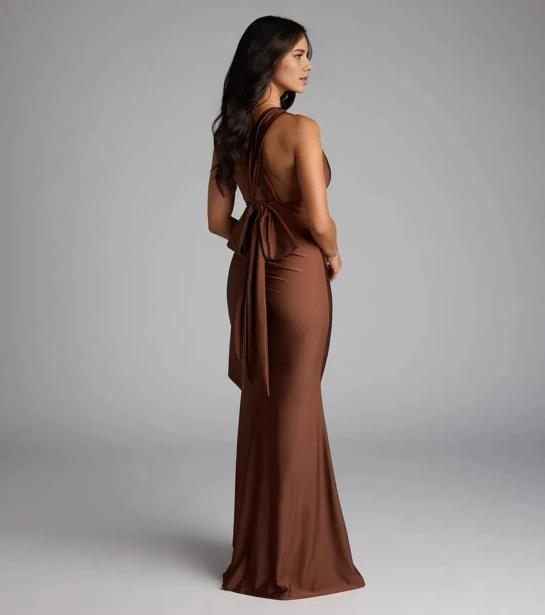 Brown Mermaid Halter Neck Sleeveless Tie-Back High Slit Floor-Length Prom Dresses