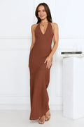 Brown Sheath Halter Deep V-Neck Sleeveless Open Back Floor-Length Prom Dresses