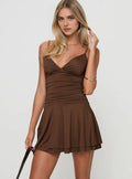 Brown Spaghetti Strap Homecoming Dress Deep V-Neck Ruched Bodice Tiered Flare Skirt Perfect