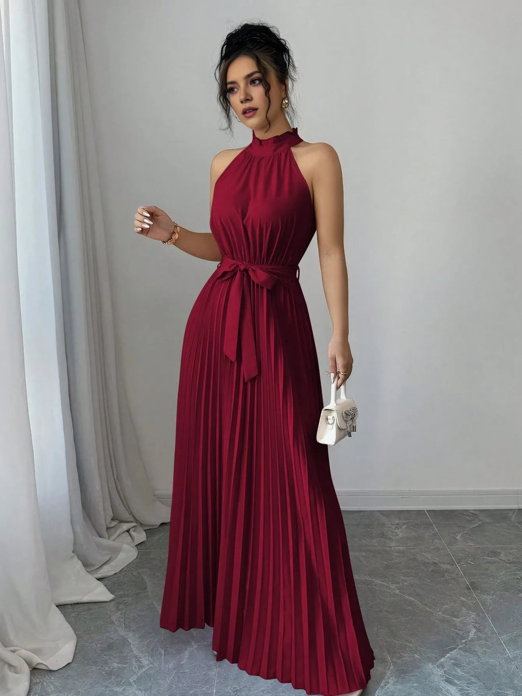 Burgundy A-Line Halter-Neck Sleeveless Keyhole-Back Floor-Length Pleated Ruffle Prom Dresses