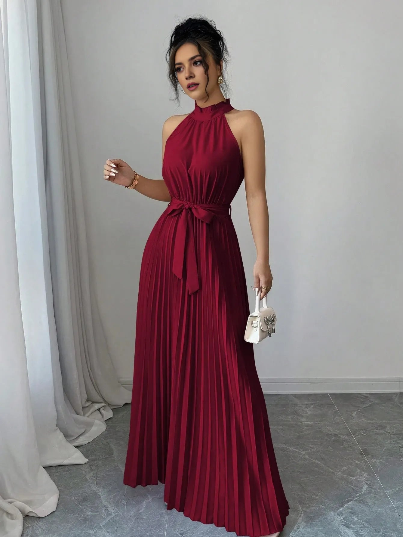 Burgundy A-Line Halter-Neck Sleeveless Keyhole-Back Floor-Length Pleated Ruffle Prom Dresses