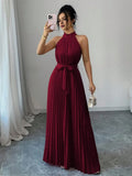 Burgundy A-Line Halter-Neck Sleeveless Keyhole-Back Floor-Length Pleated Ruffle Prom Dresses