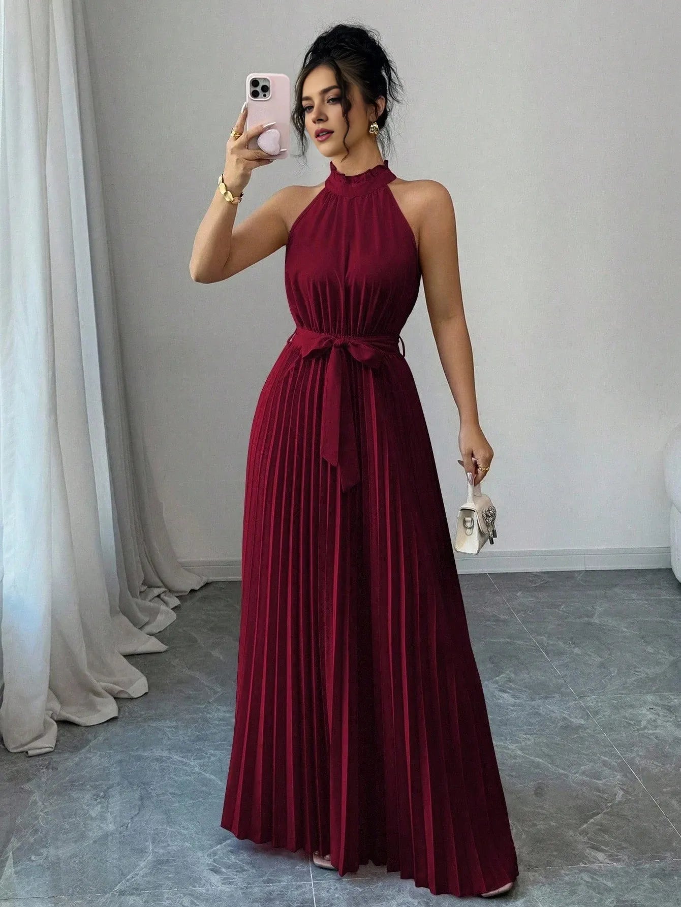 Burgundy A-Line Halter-Neck Sleeveless Keyhole-Back Floor-Length Pleated Ruffle Prom Dresses