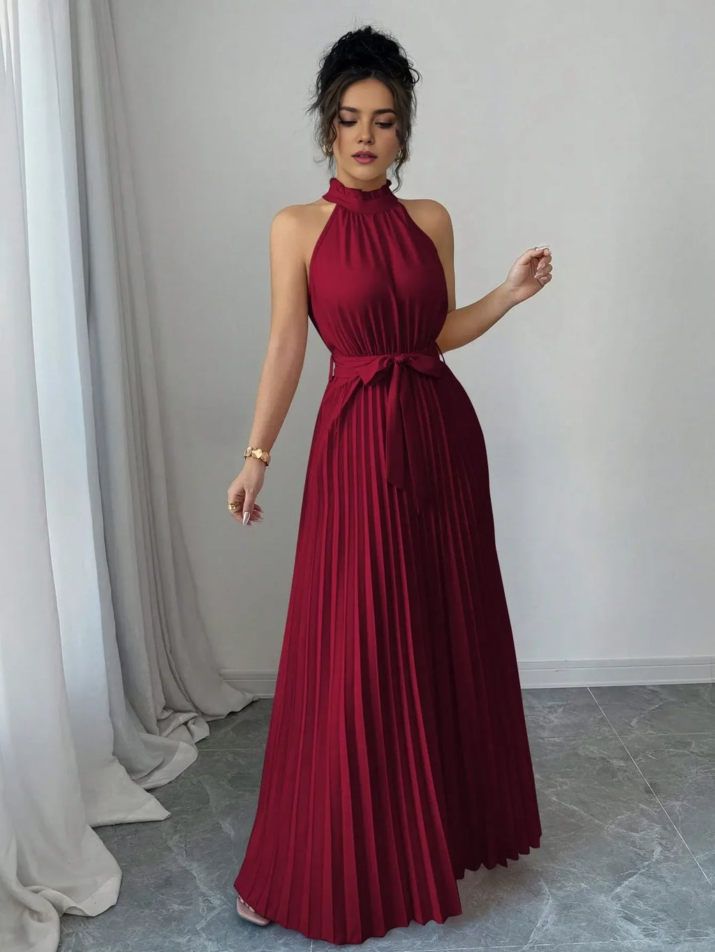 Burgundy A-Line Halter-Neck Sleeveless Keyhole-Back Floor-Length Pleated Ruffle Prom Dresses