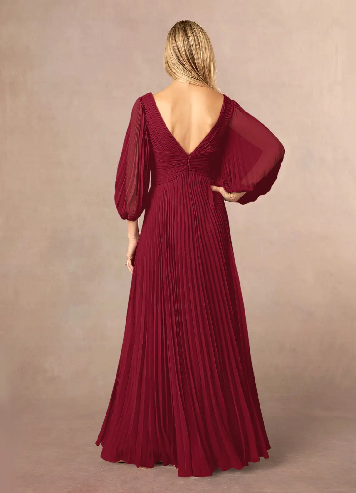 Burgundy A-Line V-Neck Pleated Mother of the Bride Dress Plunging Sheer Lantern Sleeves Pleated Bodice Side Slit Maxi Skirt