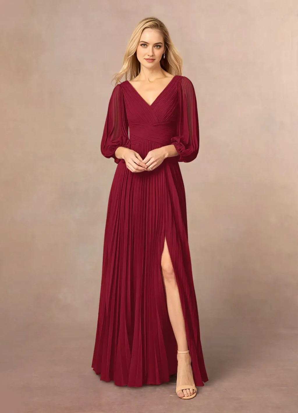 Burgundy A-Line V-Neck Pleated Mother of the Bride Dress Plunging Sheer Lantern Sleeves Pleated Bodice Side Slit Maxi Skirt