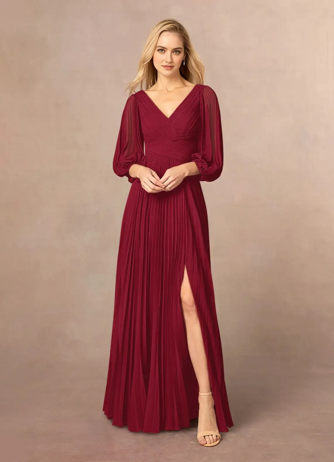 Burgundy A-Line V-Neck Pleated Mother of the Bride Dress Plunging Sheer Lantern Sleeves Pleated Bodice Side Slit Maxi Skirt