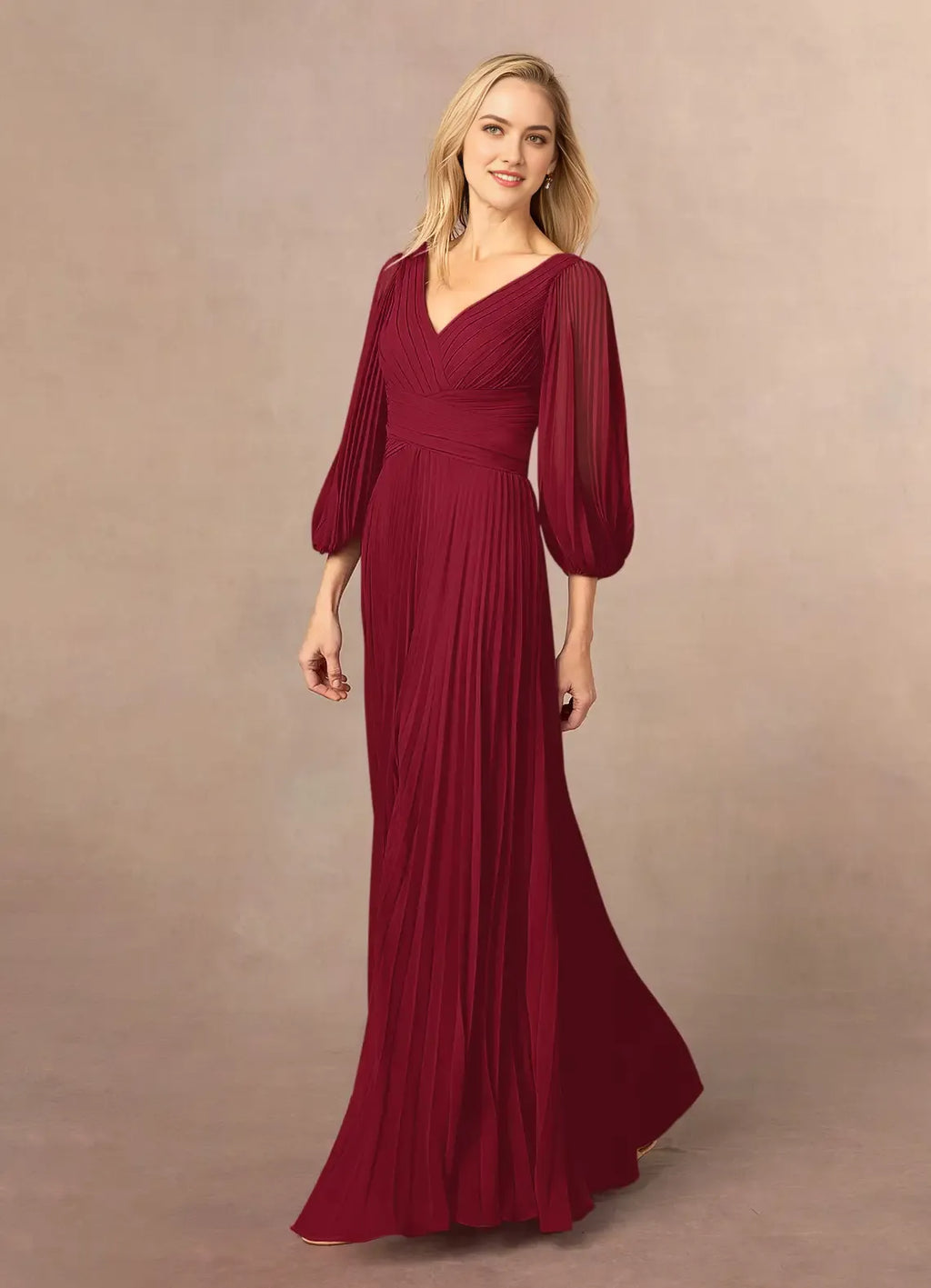 Burgundy A-Line V-Neck Pleated Mother of the Bride Dress Plunging Sheer Lantern Sleeves Pleated Bodice Side Slit Maxi Skirt
