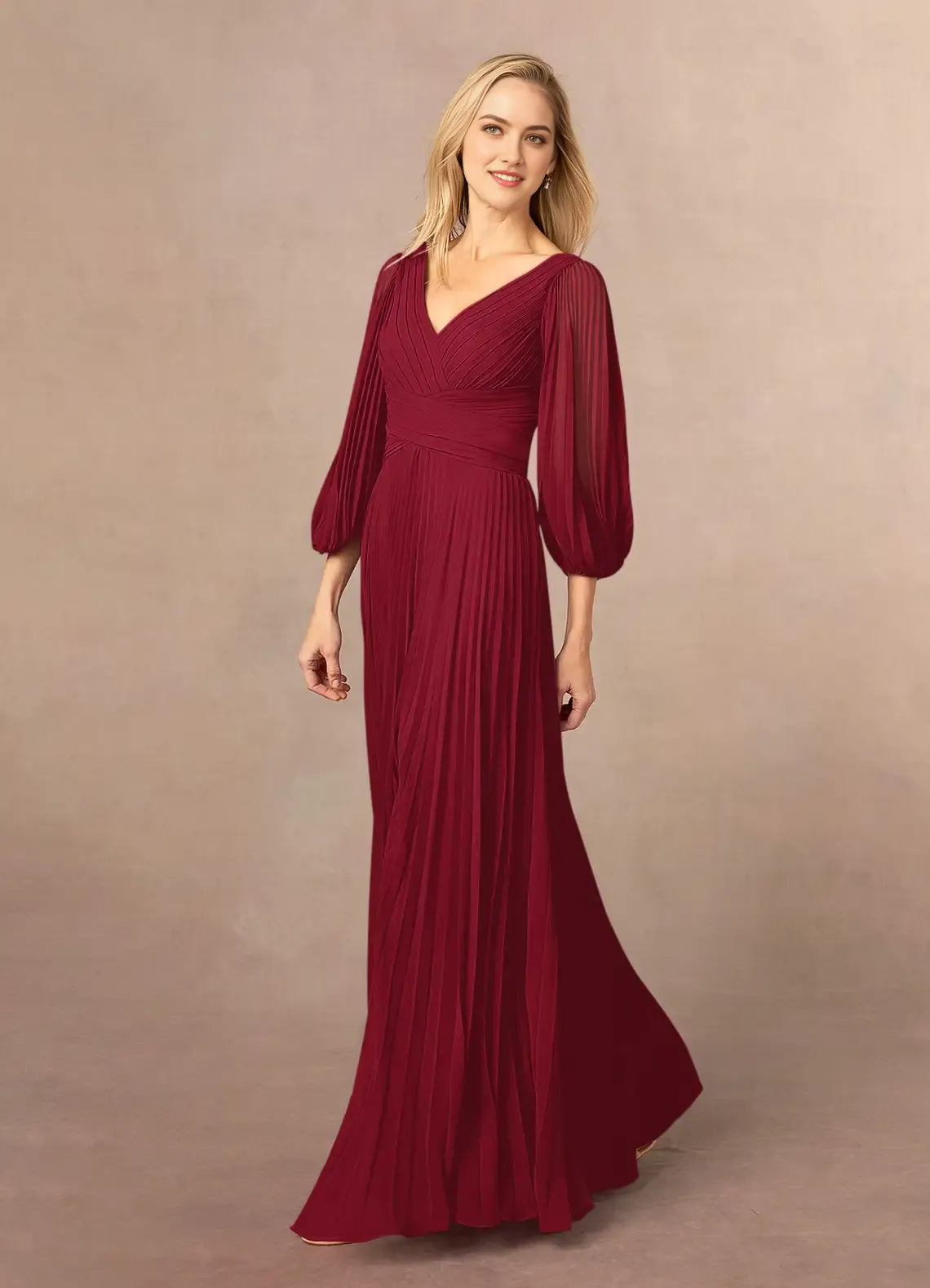 Burgundy A-Line V-Neck Pleated Mother of the Bride Dress Plunging Sheer Lantern Sleeves Pleated Bodice Side Slit Maxi Skirt