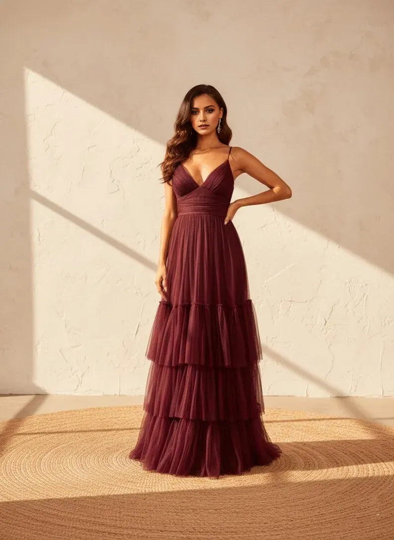 Burgundy A-Line V-Neck Spaghetti Straps Back Zip Tiered Ruffled Floor-Length Prom Dress