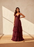 Burgundy A-Line V-Neck Spaghetti Straps Back Zip Tiered Ruffled Floor-Length Prom Dress