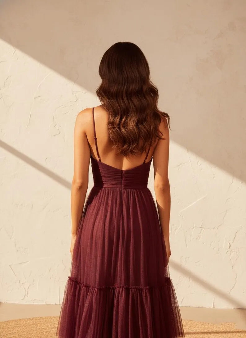 Burgundy A-Line V-Neck Spaghetti Straps Back Zip Tiered Ruffled Floor-Length Prom Dress