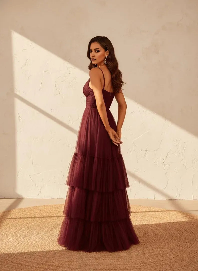 Burgundy A-Line V-Neck Spaghetti Straps Back Zip Tiered Ruffled Floor-Length Prom Dress