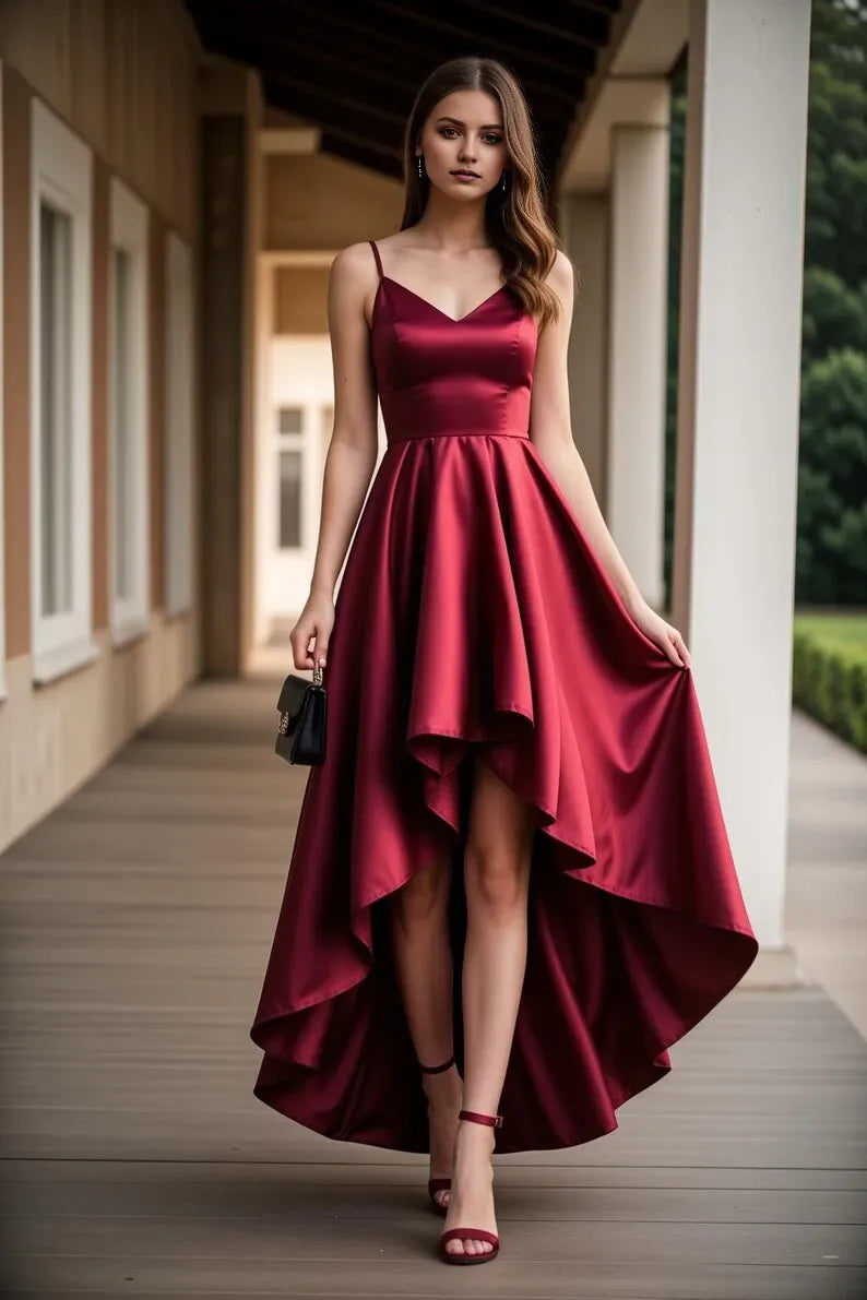 Burgundy A-Line V-Neck Spaghetti Straps Up High-Low Prom Dress