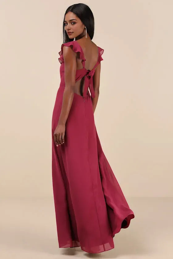 Burgundy Evening Dresses with Ruffled Sweetheart Neckline and High Side Slit Command Attention
