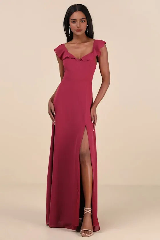 Burgundy Evening Dresses with Ruffled Sweetheart Neckline and High Side Slit Command Attention