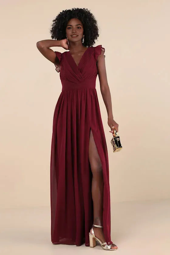 Burgundy Prom Dress with Ruffled Flutter Sleeves Surplice V Neckline Empire Waist, and High Thigh Side Slit for Formal Occasions