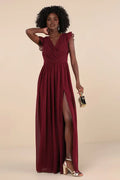 Burgundy Prom Dress with Ruffled Flutter Sleeves Surplice V Neckline Empire Waist, and High Thigh Side Slit for Formal Occasions