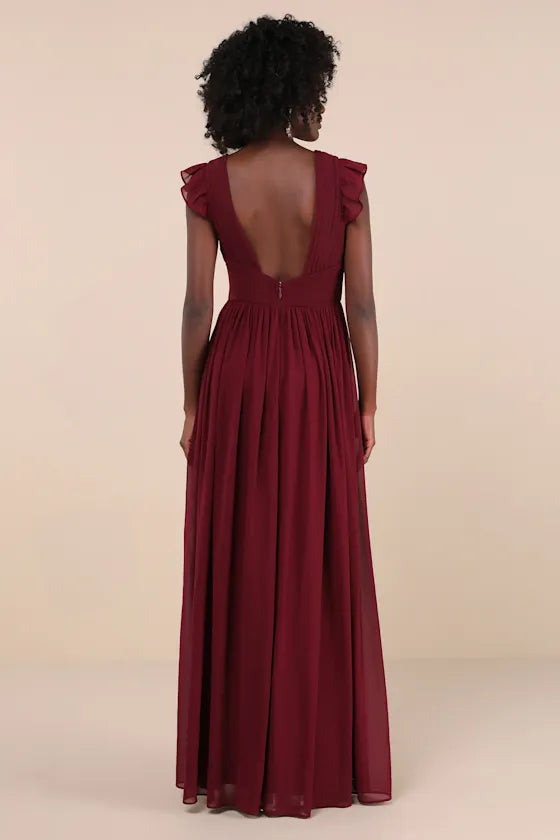 Burgundy Prom Dress with Ruffled Flutter Sleeves Surplice V Neckline Empire Waist, and High Thigh Side Slit for Formal Occasions