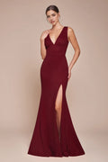 Burgundy Mermaid Prom Dress with Plunging V - Neck and High Side Slit for Formal Occasions