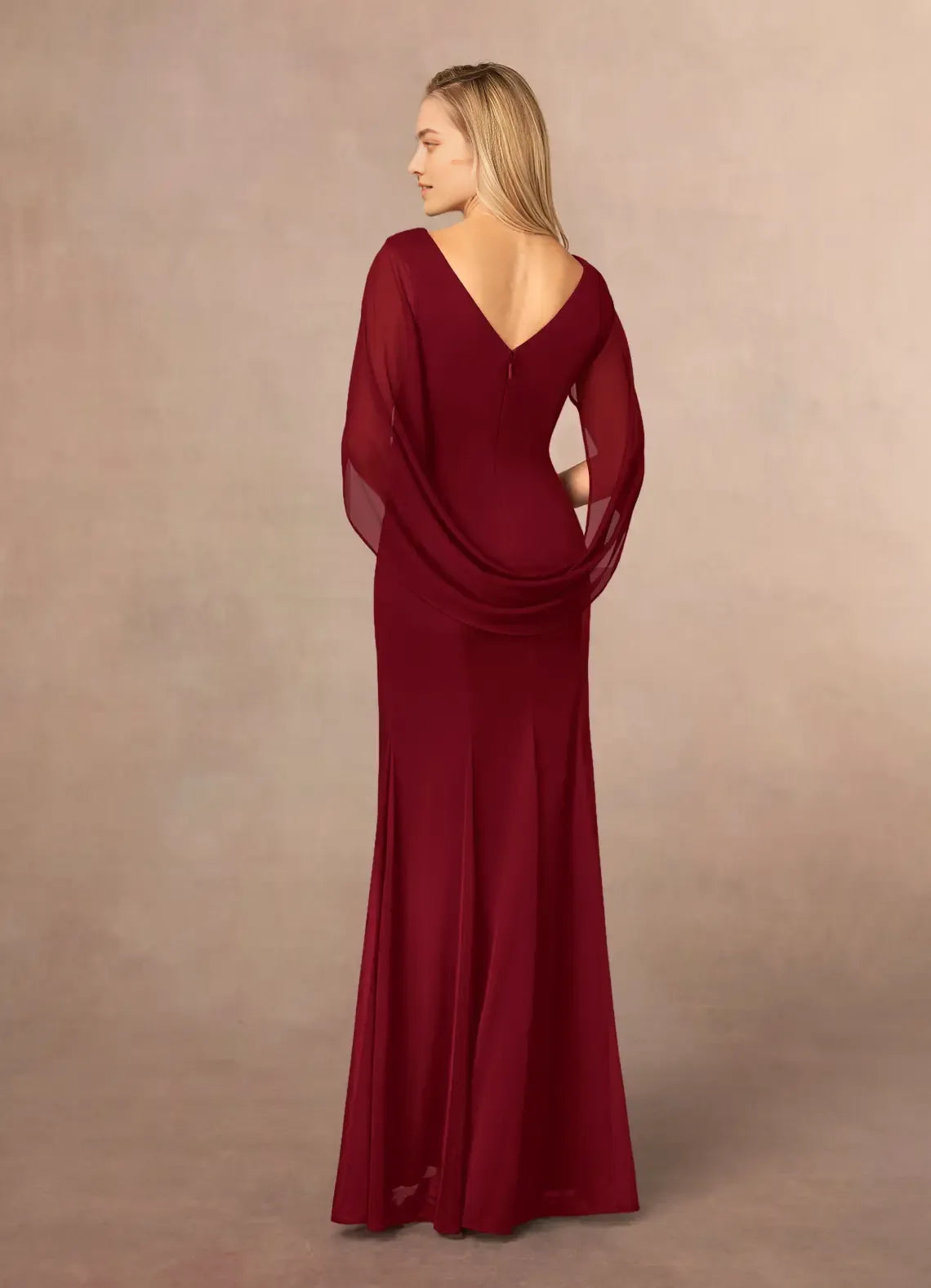 Burgundy Mermaid Scoop Pleated Boat Neckline, Cape Sleeves, Ruched Bodice Floor Length Mermaid Skirt