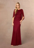 Burgundy Mermaid Scoop Pleated Boat Neckline, Cape Sleeves, Ruched Bodice Floor Length Mermaid Skirt