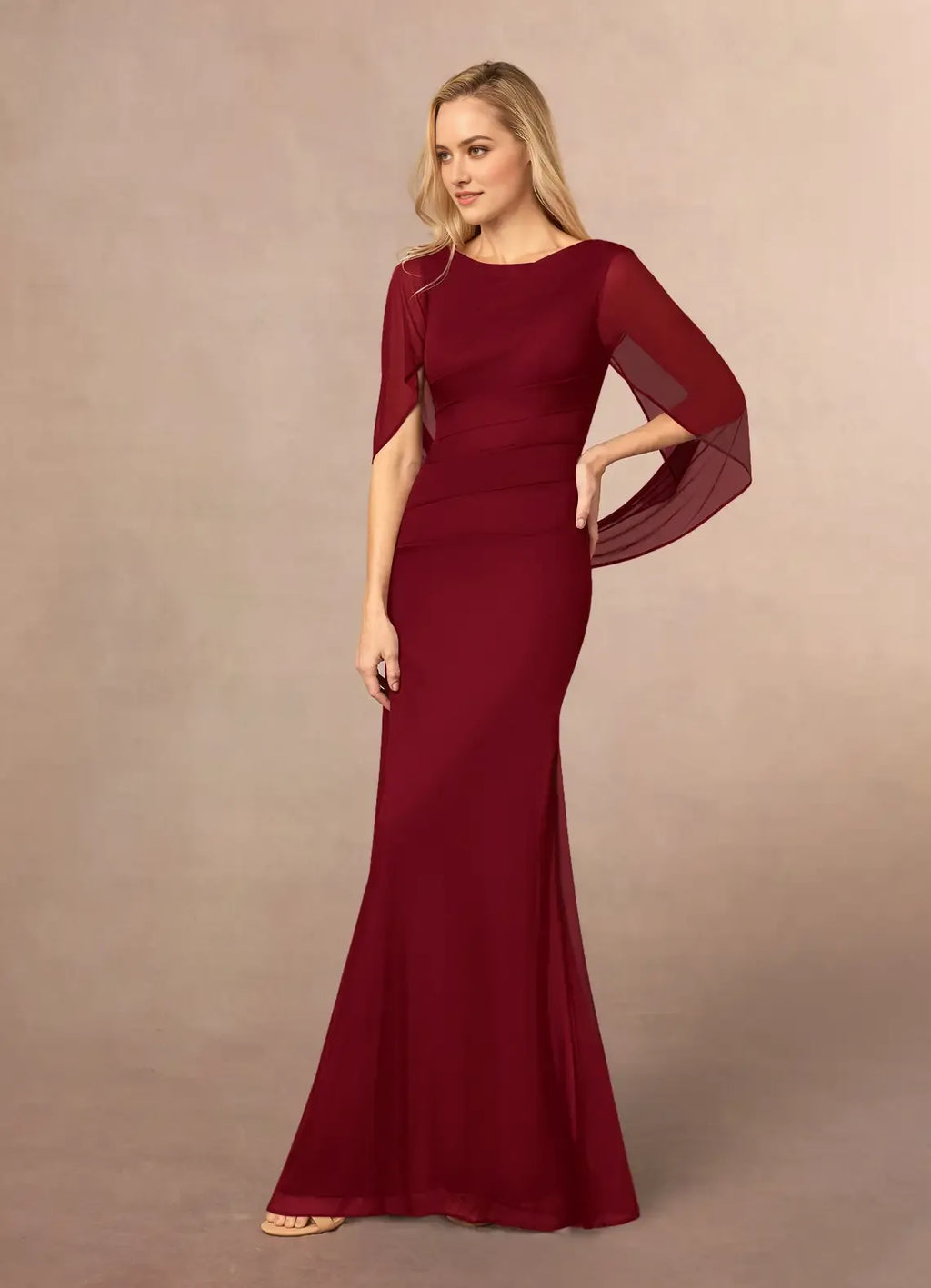 Burgundy Mermaid Scoop Pleated Boat Neckline, Cape Sleeves, Ruched Bodice Floor Length Mermaid Skirt