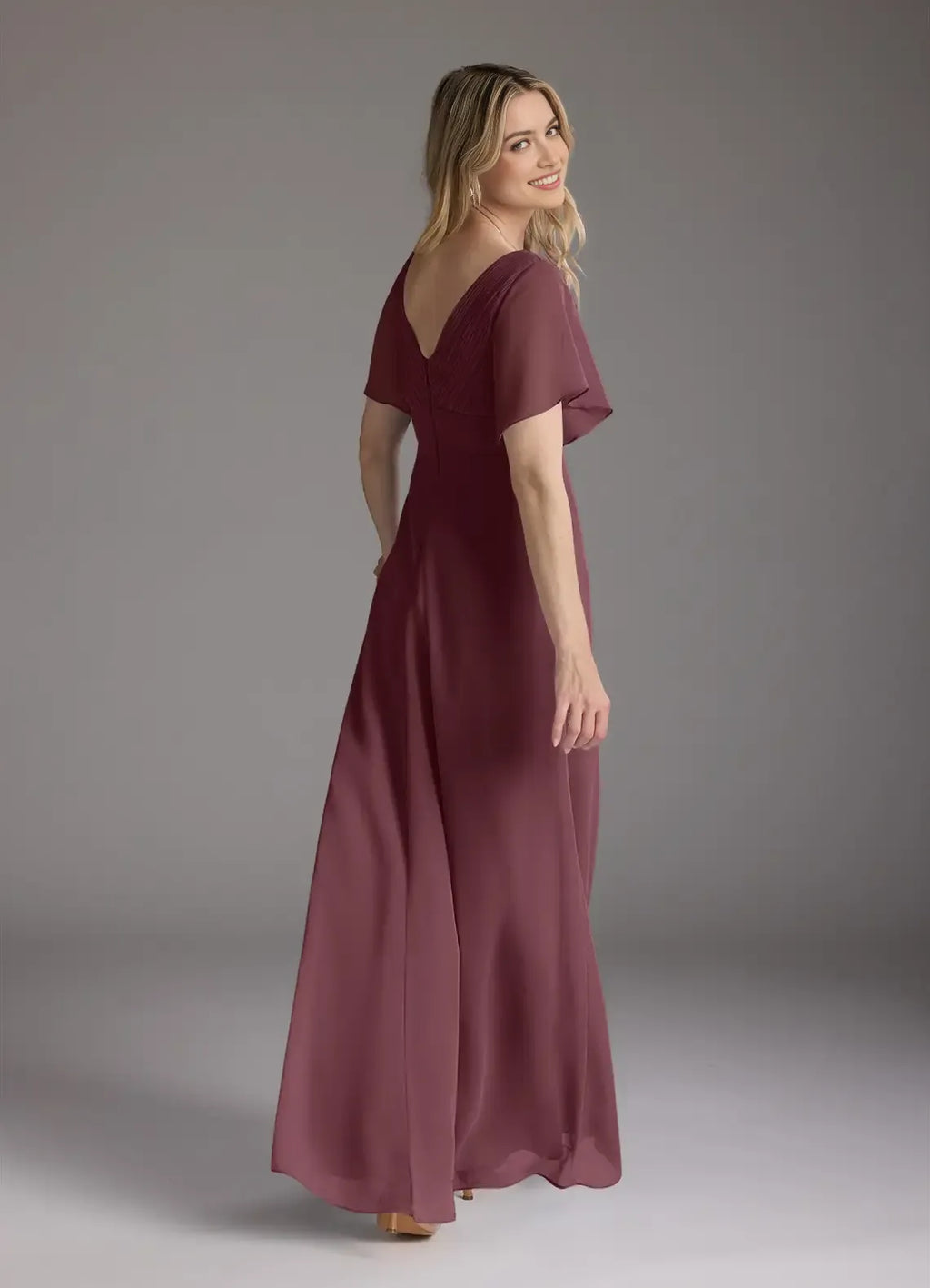 Burgundy Mother of the Bride Dress Plunging V - Neck Flutter Sleeves Pleated Bodice Floor -Length Skirt