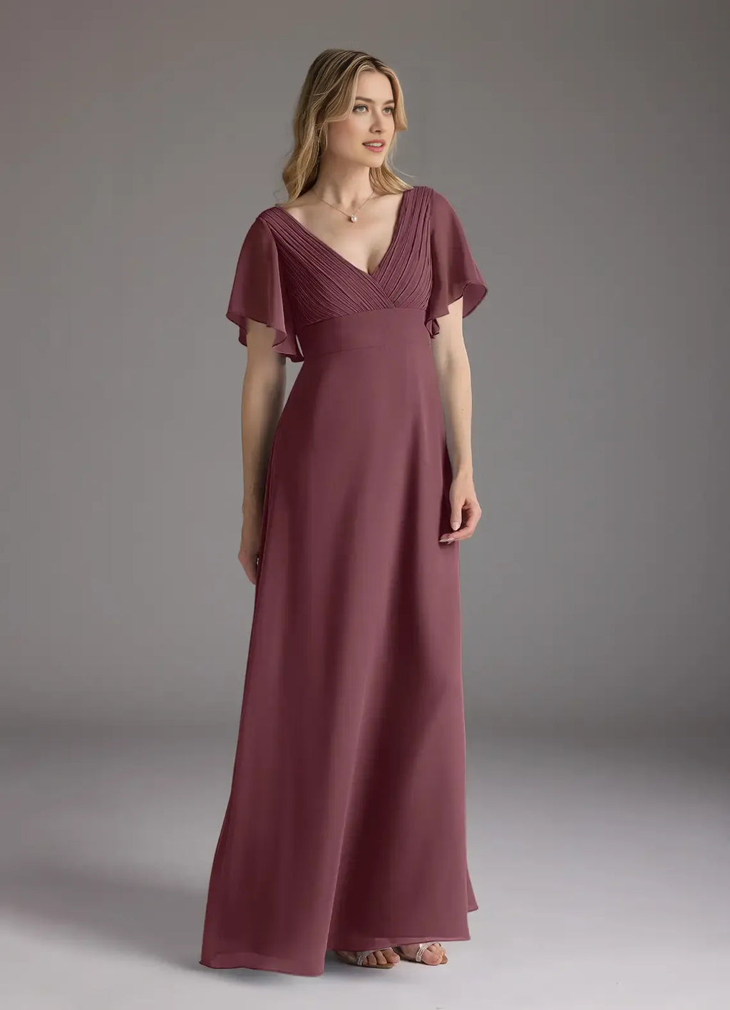 Burgundy Mother of the Bride Dress Plunging V - Neck Flutter Sleeves Pleated Bodice Floor -Length Skirt