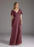 Burgundy Mother of the Bride Dress Plunging V - Neck Flutter Sleeves Pleated Bodice Floor -Length Skirt
