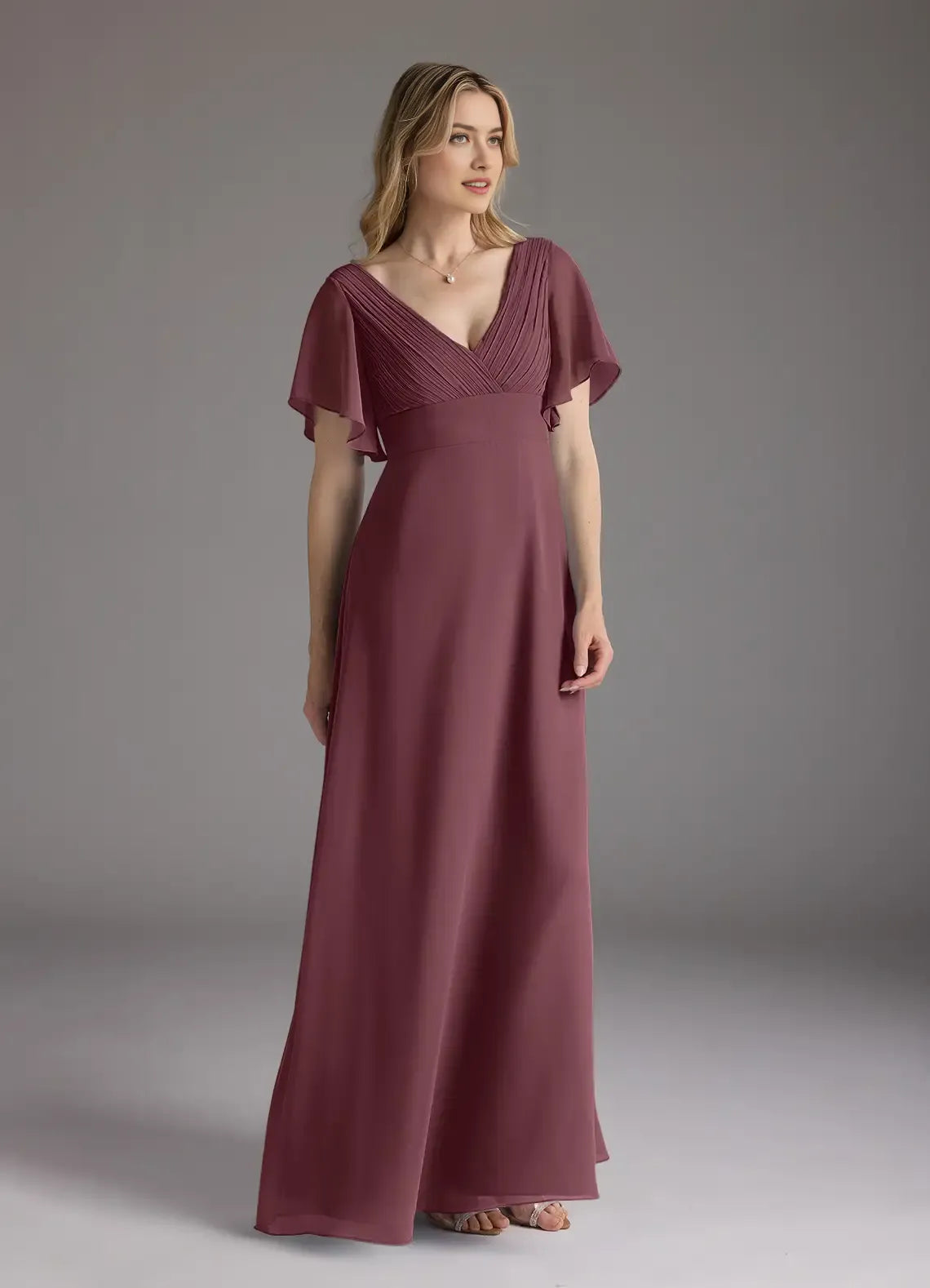Burgundy Mother of the Bride Dress Plunging V - Neck Flutter Sleeves Pleated Bodice Floor -Length Skirt