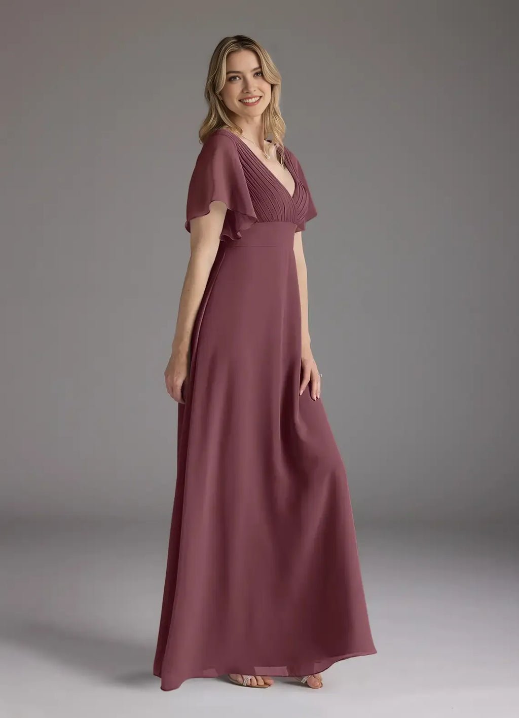 Burgundy Mother of the Bride Dress Plunging V - Neck Flutter Sleeves Pleated Bodice Floor -Length Skirt