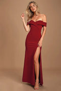 Burgundy Off - Shoulder Evening Dresses with Twisted Front High Side Slit Off the Shoulder Evening Dresses