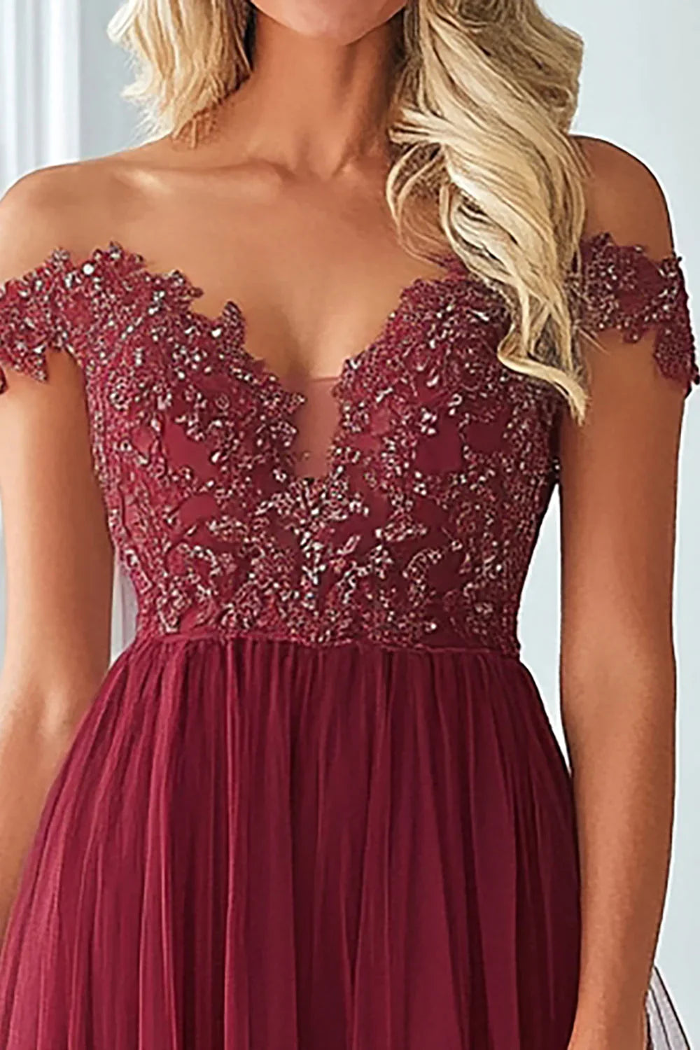 Burgundy Off The Shoulder Mother of the Bride Dress