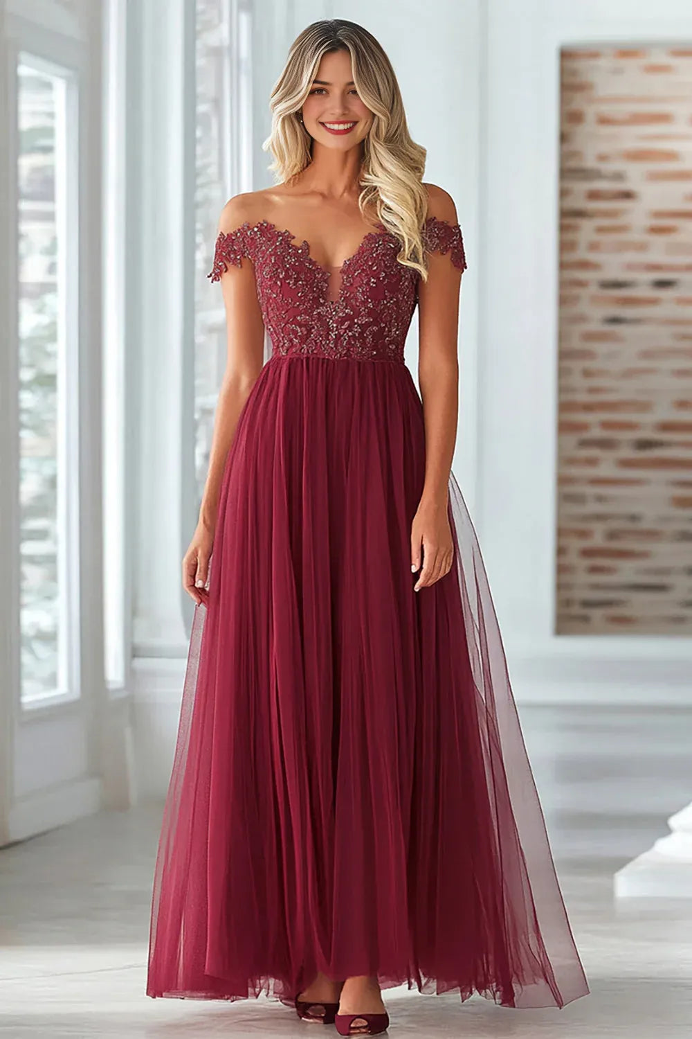 Burgundy Off The Shoulder Mother of the Bride Dress